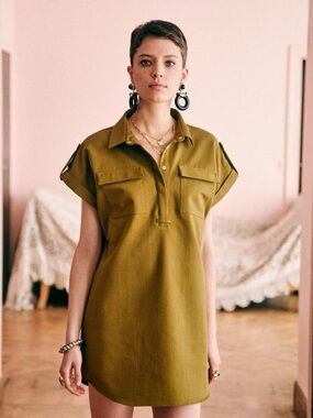 Sézane Will Dress Utility Shift Mini Dress Olive Green Khaki Sz FR 34 US 2